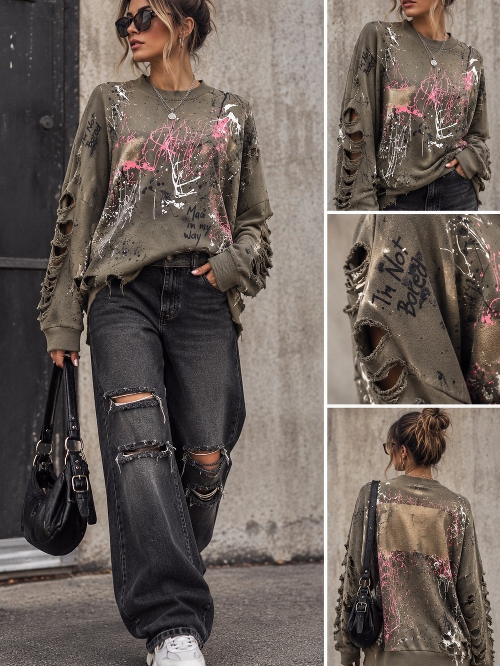 Zara Woman Distressed Graffiti Paint Splatter Sweatshirt Streetwear Medium
